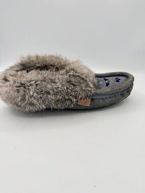 Laurentian Chief Moccasins Suede Fur Beaded Grey Slippers 7-7.5